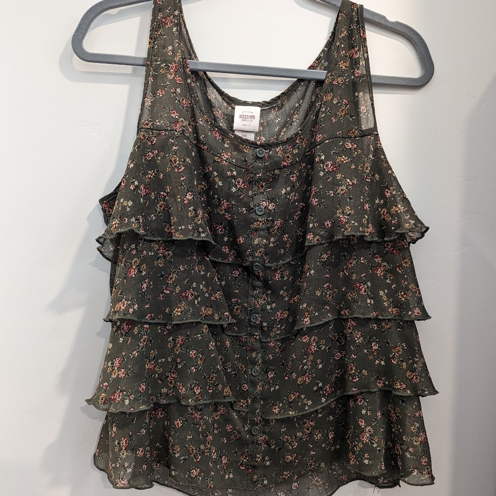 Sheerish ruffled Green and pink & Tan flower Dressy tank top plus size